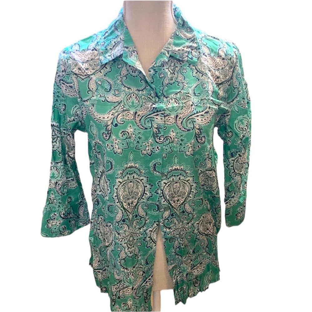Rebecca Malone Teal Paisley 100% Cotton Button Down Shirt